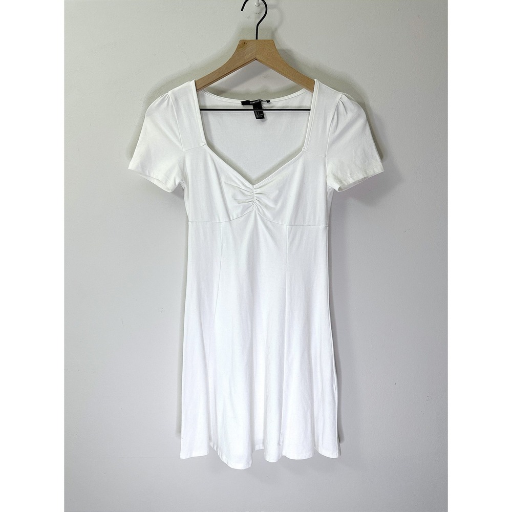 Forever 21 Mini Dress S White Ruched Sweetheart Neck Short Sleeve Coquette Boho